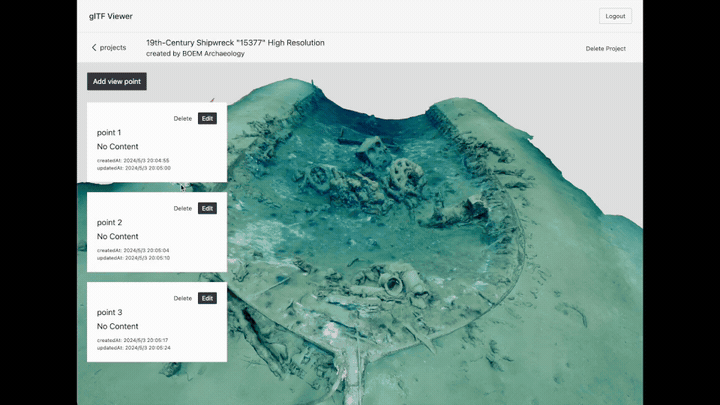 A user moving through a photogrammetric shipwreck model and working with saved viewpoint notes